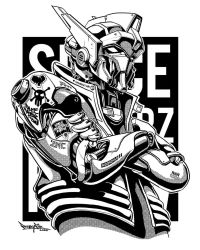 Rule 34 | commentary, commission, crossed arms, english commentary, english text, freakyfir, highres, looking up, mecha, monochrome, original, robot, skull and crossbones, solo, upper body, white eyes