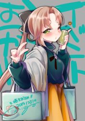 Rule 34 | 1girl, akigumo (kancolle), text background, bag, blush, breasts, brown hair, can, dated, green eyes, hair ribbon, heart, kantai collection, long hair, long sleeves, medium breasts, n:go, one eye closed, open mouth, orange skirt, ponytail, ribbon, shopping bag, signature, simple background, skirt, solo, turtleneck, v