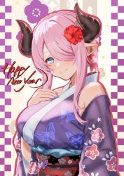 Rule 34 | 1girl, alternate costume, alternate hairstyle, blue eyes, breasts, closed mouth, commentary request, detached sleeves, draph, flower, granblue fantasy, hair bun, hair flower, hair ornament, hair over one eye, hand on own chest, happy new year, highres, hilda sakura, horns, japanese clothes, kimono, large breasts, long hair, narmaya (granblue fantasy), new year, obi, obijime, purple hair, purple kimono, purple nails, purple sleeves, sash, simple background, sleeveless, sleeveless kimono, smile, solo