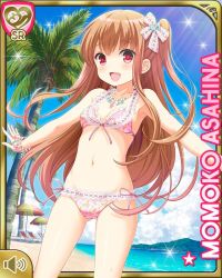 Rule 34 | 1girl, asahina momoko, bare shoulders, beach, blush, breasts, brown hair, card, character name, girlfriend (kari), hair ornament, long hair, looking at viewer, navel, ocean, official art, open mouth, outstretched arms, qp:flapper, red eyes, small breasts, smile, solo, standing, swimsuit