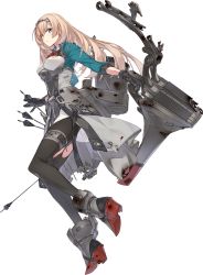 Rule 34 | 1girl, black gloves, black pantyhose, blonde hair, bow, bow (weapon), breasts, compound bow, corset, flight deck, flower, full body, gloves, green eyes, green jacket, hand on own hip, jacket, kantai collection, konishi (koconatu), long hair, long sleeves, machinery, medium breasts, multicolored clothes, official art, overskirt, pantyhose, quiver, red bow, red flower, solo, tiara, torn clothes, torn pantyhose, transparent background, turret, victorious (kancolle), weapon