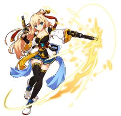 Rule 34 | 1girl, black gloves, black thighhighs, blonde hair, blue eyes, blue skirt, breasts, cleavage, collarbone, dual wielding, elsword, fingerless gloves, full body, gloves, gun, hair ornament, holding, holding gun, holding weapon, jamming (elsword), long hair, medium breasts, official art, pleated skirt, red ribbon, ress, ribbon, rose (elsword), skirt, solo, thighhighs, transparent background, weapon