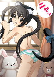 Rule 34 | 00s, 1girl, animal ears, ass, black hair, breasts, brown eyes, cat ears, cat girl, cat tail, female focus, indoors, k-on!, kooh, long hair, looking back, nakano azusa, nyan, panties, panties only, paw pose, rabbit, solo, striped clothes, striped panties, stuffed animal, stuffed toy, tail, teddy bear, topless, twintails, underwear, underwear only, uninigumi