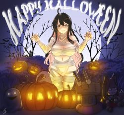 Rule 34 | &gt;:), 1girl, ahoge, akagi (azur lane), azur lane, bandages, black hair, breasts, claw pose, cleavage, closed mouth, cowboy shot, halloween, happy halloween, hayabusa, highres, jack-o&#039;-lantern, kantai collection, large breasts, long hair, looking at viewer, multicolored hair, mummy costume, naganami (kancolle), navel, night, pink hair, rensouhou-chan, smile, solo, stuffed toy, two-tone hair, v-shaped eyebrows, very long hair, wavy hair, yellow eyes
