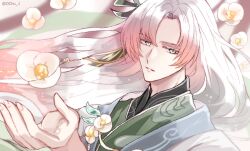 Rule 34 | 1boy, camellia, chinese clothes, expressionless, flower, gradient hair, green eyes, green ribbon, green robe, h haluhalu415, hair flower, hair ornament, hair ribbon, hand up, hanfu, jacket, long hair, longjing shrimp (the tale of food), looking at viewer, male focus, multicolored hair, parted bangs, parted lips, pink hair, ribbon, robe, solo, the tale of food, upper body, white flower, white hair, white jacket
