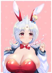 Rule 34 | 1girl, animal ears, artist request, blush, breasts, cleavage, detached collar, english text, fake animal ears, highres, kinnikuman, kinnikuman lady, kinnikuman lady (character), large breasts, leotard, looking to the side, medium hair, pink background, playboy bunny, rabbit ears, red eyes, shiny skin, white hair