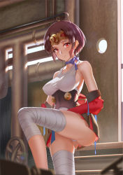 Rule 34 | 10s, 1girl, ass, backlighting, bad id, bad pixiv id, bandaged leg, bandages, bare shoulders, blue ribbon, blurry, breasts, brown hair, choker, closed mouth, collarbone, corset, depth of field, eyelashes, from below, headpiece, highres, indoors, koutetsujou no kabaneri, large breasts, lens flare, light frown, light particles, looking at viewer, miniskirt, mumei (kabaneri), off shoulder, panties, pantyshot, industrial pipe, pleated skirt, red eyes, ribbon, ribbon choker, short hair, sideboob, skirt, sleeveless, solo, standing, topknot, underwear, upskirt, wheel, white panties, yunsang