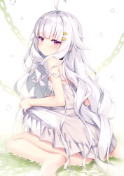Rule 34 | 1girl, ahoge, ass, barefoot, blush, chain, closed mouth, commentary request, dress, frilled dress, frills, from side, grey dress, grey hair, hair flaps, hair ornament, hairclip, highres, long hair, looking at viewer, looking to the side, original, purple eyes, shallow water, sitting, solo, tomifumi, very long hair, wariza, water, water drop, white background