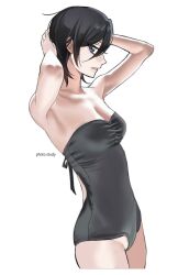 Rule 34 | 1girl, armpits, artist request, black hair, bleach, breasts, highres, kuchiki rukia, one-piece swimsuit, purple eyes, short hair, simple background, solo, swimsuit