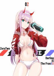 Rule 34 | 1girl, arm behind back, bad id, bad pixiv id, bikini, bikini top only, bottle, breasts, character name, cleavage, closed mouth, collar, collarbone, copyright name, cowboy shot, darling in the franxx, green eyes, groin, hairband, highres, holding, holding bottle, horns, jacket, kooemong, long hair, long sleeves, looking at viewer, medium breasts, micro shorts, navel, open clothes, open jacket, pink hair, race queen, red jacket, shiny skin, shorts, simple background, smile, solo, standing, straight hair, swimsuit, very long hair, white background, white bikini, white hairband, white shorts, zero two (darling in the franxx)