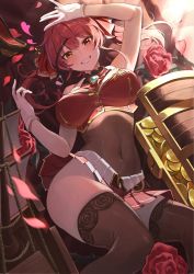 Rule 34 | 1girl, absurdres, armpits, arms up, bad id, bad twitter id, bare shoulders, blush, breasts, eyepatch, gloves, hair ribbon, heterochromia, highres, hololive, houshou marine, large breasts, long hair, looking at viewer, netural, red eyes, red hair, red ribbon, ribbon, smile, solo, thighhighs, thighs, twintails, unworn eyepatch, virtual youtuber, yellow eyes