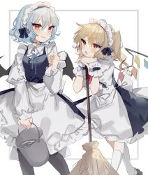 Rule 34 | 2girls, alternate costume, apron, arm support, bat wings, black socks, blonde hair, blue bow, blue dress, blue hair, blue ribbon, blush, border, bow, broom, bucket, bucket of water, buttons, collared shirt, dress, dress shirt, dustcloth, enmaided, flandre scarlet, hair between eyes, hand up, head rest, highres, holding, holding bucket, juliet sleeves, kneehighs, long sleeves, looking at another, looking at viewer, maid, maid apron, maid headdress, multiple girls, neck ribbon, one side up, open mouth, parted lips, planted, puffy short sleeves, puffy sleeves, red eyes, red ribbon, remilia scarlet, ribbon, shirt, short hair, short sleeves, siblings, sisters, socks, sorani (kaeru0768), touhou, water, white background, white legwear, white shirt, wing collar, wings, wrist cuffs