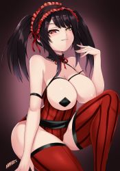 Rule 34 | 1girl, absurdres, black hair, breastless clothes, breasts, breasts out, choker, clock eyes, commentary, date a live, english commentary, grin, groin, hairband, hand up, heterochromia, highres, knee up, large breasts, leotard, lolita hairband, long hair, looking at viewer, morris1611, on one knee, parted lips, pasties, red eyes, red leotard, red thighhighs, signature, smile, solo, striped clothes, striped leotard, striped thighhighs, symbol-shaped pupils, thighhighs, thighs, tokisaki kurumi, twintails, yellow eyes