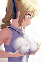 Rule 34 | 1girl, angelina kudou shields, bare shoulders, black ribbon, blonde hair, blue eyes, blue ribbon, breast lift, breasts, collared shirt, commentary request, covered erect nipples, drill hair, from side, grabbing own breast, hair ribbon, highres, large breasts, long hair, looking at breasts, looking down, mahouka koukou no rettousei, nanikairu, profile, ribbon, shirt, sidelocks, simple background, sleeveless, sleeveless shirt, solo, striped ribbon, twin drills, twintails, two-tone ribbon, white background, white shirt