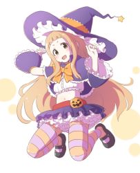 Rule 34 | 1girl, artist request, blunt bangs, breasts, character request, dress, full body, halloween, hat, long hair, pantyhose, pumpkin, simple background, skirt, small breasts, solo, striped clothes, striped pantyhose, third-party source, witch hat