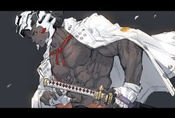 Rule 34 | 1boy, abs, arm out of sleeve, beard, black hair, dark-skinned male, dark skin, dreadlocks, facial hair, fingerless gloves, from side, gloves, grey background, guilty gear, guilty gear strive, highres, jacket, katana, male focus, manly, mask, mask on head, nagoriyuki, ogata tomio, open clothes, open jacket, pectorals, simple background, solo, stubble, sword, technology, undercut, weapon, white gloves, white jacket