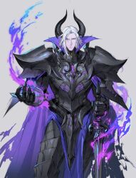 Rule 34 | 1boy, armor, black horns, cape, claws, colored skin, cowboy shot, fire, grey background, hands up, high collar, highres, holding, holding sword, holding weapon, horns, leviair, looking at viewer, male focus, medium hair, original, pauldrons, pelvic curtain, pointy ears, purple cape, purple eyes, purple fire, purple skin, pyrokinesis, shoulder armor, simple background, single sidelock, standing, sword, torn cape, torn clothes, weapon, white hair