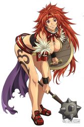 Rule 34 | 00s, 1girl, bent over, breasts, cleavage, headband, large breasts, long hair, mace, nail polish, purple eyes, queen&#039;s blade, red hair, red nails, risty (queen&#039;s blade), risty (queen's blade), shield, shoes, smile, solo, weapon, wilderness bandit risty