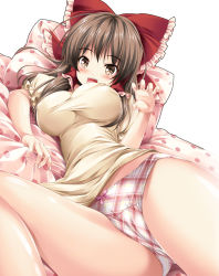 Rule 34 | 1girl, :d, arm support, bed sheet, blush, bow, bow panties, breasts, brown eyes, brown hair, brown shirt, claw pose, commentary request, crotch seam, dutch angle, frilled bow, frilled sleeves, frills, hair bow, hair tubes, hakurei reimu, highres, impossible clothes, impossible shirt, kamiya tomoe, large breasts, legs, long hair, looking at viewer, lying, no pants, on back, on bed, open mouth, panties, pillow, pink panties, plaid, plaid panties, polka dot, puffy short sleeves, puffy sleeves, red bow, shirt, short sleeves, smile, solo, thighs, touhou, underwear, white background