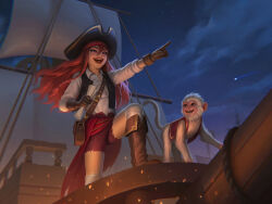 Rule 34 | 1girl, bag, black vest, boots, braid, brown footwear, brown gloves, child, cloud, commentary, embers, english commentary, gloves, hair between eyes, hat, highres, kd chan, long hair, missing tooth, monkey, night, night sky, original, pirate hat, pirate ship, pointing, red eyes, red hair, red shorts, shooting star, short shorts, shorts, sky, twin braids, vest