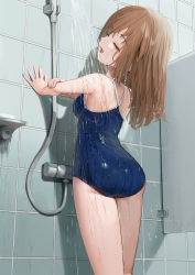 Rule 34 | 1girl, absurdres, alice gear aegis, ass, bare shoulders, bathing, bathroom, blue one-piece swimsuit, breasts, brown hair, closed eyes, competition school swimsuit, highleg, highleg swimsuit, highres, indoors, kimikage yui, legs, medium breasts, medium hair, one-piece swimsuit, open mouth, school swimsuit, showering, sidelocks, solo, standing, sunga2usagi, swimsuit, thighs, tile wall, tiles, water, wet, wet clothes, wet swimsuit