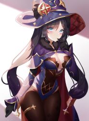 Rule 34 | 1girl, absurdres, bad id, bad pixiv id, black choker, black gloves, black hair, blue eyes, blue leotard, blush, breasts, brown pantyhose, capelet, choker, cleavage, detached sleeves, floating hair, genshin impact, gloves, hair between eyes, hair ornament, hat, highres, leotard, long hair, long sleeves, looking at viewer, medium breasts, meoyo, mona (genshin impact), open mouth, pantyhose, purple capelet, purple hat, purple sleeves, solo, standing, thigh gap, twintails, very long hair, white background, witch hat