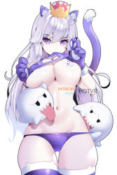 Rule 34 | 1girl, ahoge, animal ear fluff, animal ears, animal hands, artist name, boo (mario), bra, bra lift, breasts, cat cutout, cat ears, cat girl, cat lingerie, cat paws, cat tail, clothing cutout, commentary, cowboy shot, cross pasties, english commentary, eyelashes, fang, gloves, hands up, hot vr, kemonomimi mode, large breasts, lifted by self, long hair, looking at viewer, luigi&#039;s mansion, mario (series), meme attire, mouth hold, new super mario bros. u deluxe, nintendo, paid reward available, panties, pasties, paw gloves, pixiv username, princess king boo, purple bra, purple eyes, purple gloves, purple panties, purple thighhighs, skin fang, standing, super crown, tail, tail raised, tape, tape on nipples, thigh gap, thighhighs, thighs, tongue, tongue out, underwear, underwear only, white hair