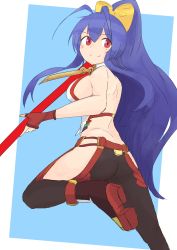 Rule 34 | 1girl, antenna hair, ass, bare back, blazblue, blazblue: central fiction, blazblue variable heart, blush, bow, breasts, fingerless gloves, genderswap, genderswap (mtf), gloves, hair between eyes, hair bow, halterneck, halterneck, highres, hip vent, holding, holding weapon, long hair, mai natsume, no bra, ponytail, purple hair, red eyes, sideboob, sidelocks, smile, solo, very long hair, weapon