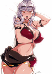 Rule 34 | 1girl, bikini, black nails, breasts, carmilla (fate), carmilla (summertime mistress) (fate), choker, cross, cross choker, curly hair, eyewear on head, fate/grand order, fate (series), fue (rhomphair), highres, large breasts, looking at viewer, nail polish, open mouth, sarong, solo, sunglasses, swimsuit, tongue, tongue out, white hair, yellow eyes