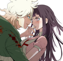Rule 34 | 1boy, 1girl, apron, black hair, blush, brown hair, danganronpa (series), danganronpa 2: goodbye despair, dosugon, eye contact, finger in another&#039;s mouth, from side, green jacket, grey background, hood, hood down, jacket, komaeda nagito, long hair, looking at another, mole, mole under eye, multicolored hair, pink shirt, puffy short sleeves, puffy sleeves, saliva, shirt, short sleeves, simple background, teeth, tsumiki mikan, two-tone hair, upper body, upper teeth only, white hair