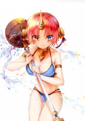 Rule 34 | 1girl, :t, amicis (amisic), armlet, bare legs, bare shoulders, bikini, blue bikini, breasts, cleavage, collarbone, commentary, cowboy shot, double bun, eyes visible through hair, fate/apocrypha, fate (series), frankenstein&#039;s monster (fate), frankenstein&#039;s monster (swimsuit saber) (fate), frankenstein&#039;s monster (swimsuit saber) (second ascension) (fate), frilled bikini, frills, gluteal fold, hair bun, hair ornament, hair over one eye, hair ribbon, headgear, heterochromia, highres, holding, holding weapon, horns, mace, medium breasts, navel, pink hair, pout, purple eyes, purple ribbon, ribbon, single horn, solo, standing, swimsuit, thigh gap, water, water drop, weapon, white background, yellow eyes