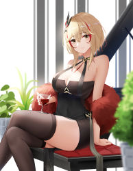 Rule 34 | 1girl, azur lane, bare shoulders, black dress, black thighhighs, blonde hair, blurry, breasts, cleavage, closed mouth, covered navel, crossed legs, cup, depth of field, dress, drinking glass, feather boa, hair ornament, highres, holding, holding cup, large breasts, looking at viewer, multicolored hair, nail polish, official alternate costume, qing wu, red hair, red nails, roon (azur lane), roon (viridescent lullaby) (azur lane), short dress, short hair, sitting, smile, solo, streaked hair, taut clothes, thighhighs, thighs, tight clothes, tight dress, wine glass, yellow eyes