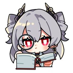 Rule 34 | book, chibi, closed mouth, commentary, drill hair, earrings, english commentary, grey hair, honkai (series), honkai impact 3rd, jewelry, official art, open book, prometheus (honkai impact), reading, red eyes, transparent background, upper body, v-shaped eyebrows