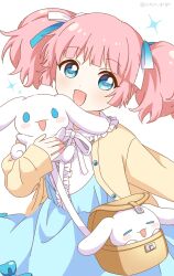 Rule 34 | 1girl, :d, absurdres, alternate costume, bag, blue dress, blue eyes, blush, cinnamoroll, collar, commentary request, creature, crossover, dress, frilled collar, frills, hair ribbon, highres, holding, holding creature, jacket, long sleeves, looking at viewer, nnn yryr, open mouth, pink hair, ribbon, sanrio, smile, solo, sparkle, stuffed animal, stuffed toy, twintails, twitter username, white collar, white ribbon, yellow jacket, yoshikawa chinatsu, yuru yuri