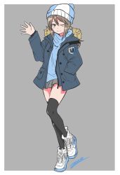 Rule 34 | 1girl, ;), artist name, black thighhighs, blue coat, blue hat, blue shirt, bobblehat, brown eyes, brown hair, casual, closed mouth, coat, commentary, cross-laced footwear, emblem, full body, fur-trimmed hood, fur trim, fur trimm, girls und panzer, grey skirt, hand in pocket, hat, highres, hood, hooded coat, keizoku (emblem), long hair, looking at viewer, mika (girls und panzer), miniskirt, nike (company), one eye closed, open clothes, open coat, outside border, pleated skirt, shirt, shoes, signature, skirt, smile, sneakers, solo, standing, standing on one leg, thighhighs, turtleneck, waving, white footwear, zono (inokura syuzo029)
