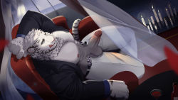 Rule 34 | 1boy, :q, abs, absurdres, animal ears, anyisdragon, arknights, bara, bare pectorals, belt, black belt, black shirt, couch, curtains, erection, formal, from above, furry, furry male, groin, highres, large pectorals, male focus, mountain (arknights), muscular, muscular male, nipples, official alternate costume, on couch, open belt, open clothes, open fly, open pants, open shirt, pants, pectorals, penis, petals, scar, scar across eye, scar on face, shirt, short hair, solo, stomach, thick thighs, thighs, tiger boy, tiger ears, tongue, tongue out, uncensored, white fur, white hair, white pants