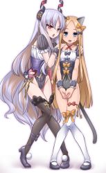 Rule 34 | 2girls, abigail williams (fate), animal ears, black footwear, black legwear, blonde hair, blue eyes, blush, bow, breasts, caren hortensia, caren hortensia (amor caren), caren hortensia (amor caren) (cosplay), caren hortensia (amor caren) (third ascension), cat ears, cat tail, collarbone, corset, cosplay, fate/grand order, fate (series), forehead, frills, full body, galbany (tsgororin), hair bow, hair ornament, highleg, highleg leotard, highres, leotard, long hair, looking at viewer, medium breasts, multiple bows, multiple girls, open mouth, parted bangs, pink bow, pink eyes, puffy short sleeves, puffy sleeves, short sleeves, sidelocks, small breasts, smile, tail, thighhighs, thighs, very long hair, wavy hair, white hair, white legwear, wrist cuffs