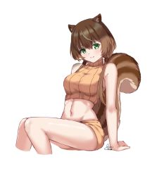 Rule 34 | 1girl, alternate costume, animal ear fluff, animal ears, as4gi, ayunda risu, brown hair, cropped legs, cropped sweater, green eyes, hololive, hololive indonesia, long hair, looking at viewer, low twintails, midriff, multicolored hair, navel, short shorts, shorts, signature, sitting, solo, squirrel ears, squirrel girl, squirrel tail, streaked hair, sweater, tail, turtleneck, turtleneck sweater, twintails, virtual youtuber, white background, white hair
