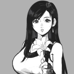 1girl alpaca_carlesi bare_shoulders black_hair breasts commentary earrings final_fantasy final_fantasy_vii final_fantasy_vii_remake fingerless_gloves flower gloves grey_background greyscale highres holding holding_flower jewelry large_breasts long_hair looking_at_viewer monochrome parted_lips simple_background solo swept_bangs tank_top tifa_lockhart upper_body