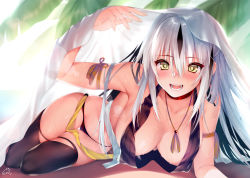 Rule 34 | 1girl, :d, arm ribbon, bare shoulders, black gloves, black hair, black panties, black thighhighs, blush, breasts, choker, cleavage, collarbone, fate/grand order, fate (series), gloves, grey hair, hair between eyes, hand up, long hair, looking at viewer, lying, medium breasts, multicolored hair, nagao kagetora (fate), obiwan, open mouth, panties, revealing clothes, ribbon, signature, skindentation, smile, solo, streaked hair, thighhighs, two-tone hair, under covers, underwear, very long hair, wet, white hair, yellow eyes