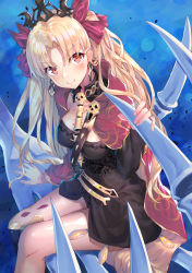 Rule 34 | 1girl, arm support, belt, black dress, black panties, blonde hair, blush, bow, breasts, cape, cleavage, cowboy shot, crown, detached collar, dress, earrings, ereshkigal (fate), eyes visible through hair, fate/grand order, fate (series), gold trim, hair bow, hakuishi aoi, holding, jewelry, long hair, looking away, panties, pantyshot, parted bangs, red eyes, short dress, single thighhigh, sitting, skeletal hand, smile, solo, thighhighs, thighs, tohsaka rin, twintails, underwear