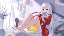 Rule 34 | 1girl, bare legs, barefoot, bingchuan xian yu huang, book, clara (honkai: star rail), couch, covering own mouth, crossed ankles, feet, feet on table, flower, full body, highres, holding, holding book, homu (honkai impact), honkai: star rail, honkai (series), honkai impact 3rd, knees up, lamp, long hair, long sleeves, on couch, plant, potted plant, red eyes, rose, sitting, solo, very long hair, white hair