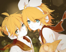 Rule 34 | 1boy, 1girl, ahoge, black background, blue eyes, brother and sister, closed mouth, eyelashes, headset, highres, kagamine len, kagamine rin, lens flare, looking at viewer, midriff, neckerchief, parted lips, ribbon, sailor collar, shirt, short hair, short ponytail, siblings, star (symbol), twins, varinr, vocaloid, white ribbon, white shirt, yellow neckerchief