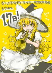 Rule 34 | 1girl, blonde hair, bow, braid, grin, hat, hat bow, instrument, kirisame marisa, monrooru, musical note, side braid, simple background, smile, solo, star (symbol), touhou, trumpet, witch hat, yellow background, yellow eyes