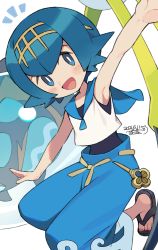 Rule 34 | 1girl, :d, araquanid, arm up, blue eyes, blue hair, blue pants, blue sailor collar, blush, commentary request, creatures (company), dated, game freak, gen 7 pokemon, gold hairband, hairband, happy, iroyopon, lana (pokemon), looking at viewer, nintendo, no sclera, notice lines, one-piece swimsuit, open mouth, outstretched arm, pants, pokemon, pokemon (creature), pokemon sm, sailor collar, sandals, shirt, short hair, signature, simple background, sleeveless, sleeveless shirt, smile, squatting, swimsuit, swimsuit under clothes, toenails, trial captain, white background, white shirt