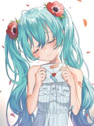 Rule 34 | 1girl, anemone (flower), bandaid, bandaid on arm, bare arms, bare shoulders, blue hair, blue nails, breasts, broken heart, commentary request, crying, curly hair, dress, envelope, fingernails, flower, frilled dress, frills, hair flower, hair ornament, hatsune miku, head tilt, heart, highres, holding, holding envelope, holding letter, hoshikawarai, letter, long hair, nail polish, petals, red flower, ribbon, simple background, sleeveless, sleeveless dress, small breasts, smile, solo, tears, twintails, upper body, very long hair, vocaloid, white background, white dress, white ribbon