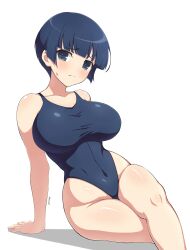 Rule 34 | 1girl, arm support, black hair, black one-piece swimsuit, blue eyes, blunt bangs, breasts, commentary request, competition swimsuit, elun, embarrassed, feet out of frame, highleg, highleg swimsuit, highres, large breasts, one-piece swimsuit, senran kagura, senran kagura shinovi versus, short hair, simple background, solo, swimsuit, white background, yozakura (senran kagura)