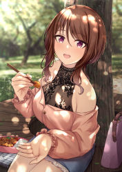 Rule 34 | 1girl, :o, bag, bare shoulders, bento, blue skirt, blush, breasts, brown hair, chopsticks, cleavage, commentary request, food, frilled skirt, frills, grass, hair between eyes, handbag, highres, kannko bokujou, lace, large breasts, medium hair, miniskirt, off shoulder, open mouth, outdoors, park, princess connect!, purple eyes, revision, see-through, shiori (princess connect!), shiori (real) (princess connect!), sidelocks, sitting, skirt, solo, thighs, tree
