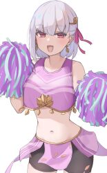 Rule 34 | 1girl, absurdres, bare shoulders, bike shorts, black shorts, blush, breasts, cheerleader, circlet, crop top, crop top overhang, earrings, fate/grand order, fate (series), gold trim, hair ribbon, highres, jewelry, kama (fate), kopaka (karda nui), looking at viewer, navel, open mouth, pom pom (cheerleading), purple shirt, purple skirt, red eyes, ribbon, shirt, short hair, short shorts, shorts, shorts under skirt, skirt, sleeveless, small breasts, smile, solo, thighs, white hair