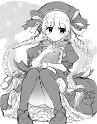 Rule 34 | 10s, 1girl, beret, blush, book, bow, braid, dress, fate/extra, fate (series), gothic lolita, greyscale, hair between eyes, hair bow, hat, hat bow, knees together feet apart, lolita fashion, looking at viewer, low twintails, miko (royal milk), monochrome, mushroom, nursery rhyme (fate), hugging object, panties, panties under pantyhose, pantyhose, parted lips, pigeon-toed, puffy short sleeves, puffy sleeves, shoes, short sleeves, sitting, sketch, solo, twin braids, twintails, underwear